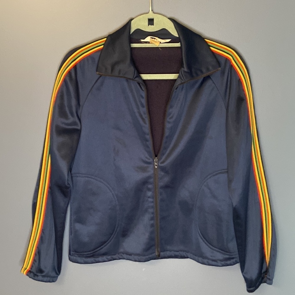 Vintage navy jacket with rainbow detail down arms. Sz‎ 10 (M)